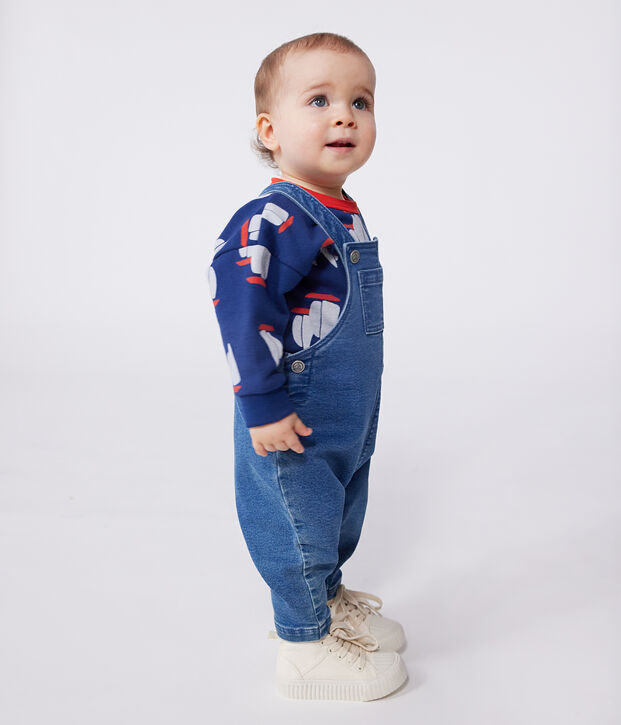 Babies' long-leg elastane denim dungarees blue