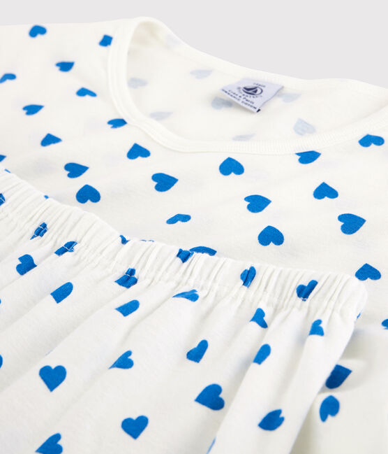 Girls'/Women's Blue Heart Patterned Cotton Pyjamas MARSHMALLOW white/BRASIER blue