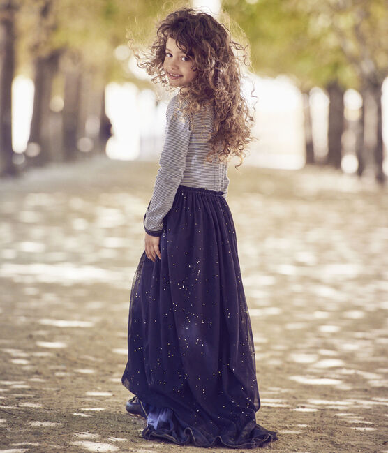 Girl's long-sleeved dress with a 2-in-1 look Petit bateau x Marie-Agnès Gillot SMOKING blue/COQUILLE beige