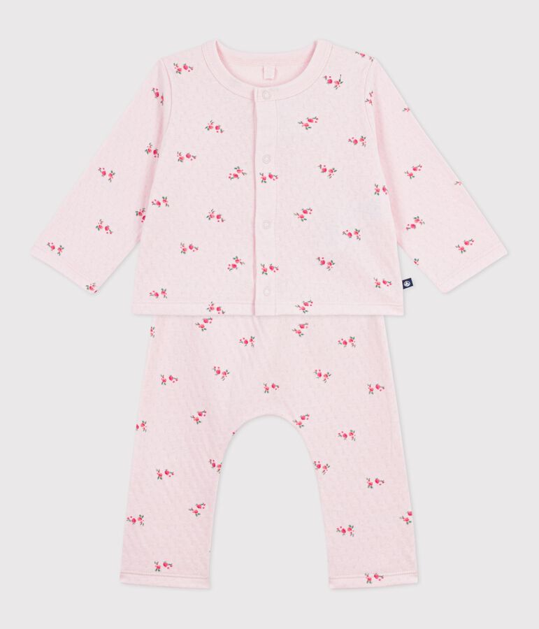 Babies' long 2-piece cotton outfit with a flower print BARELY pink/MULTICO