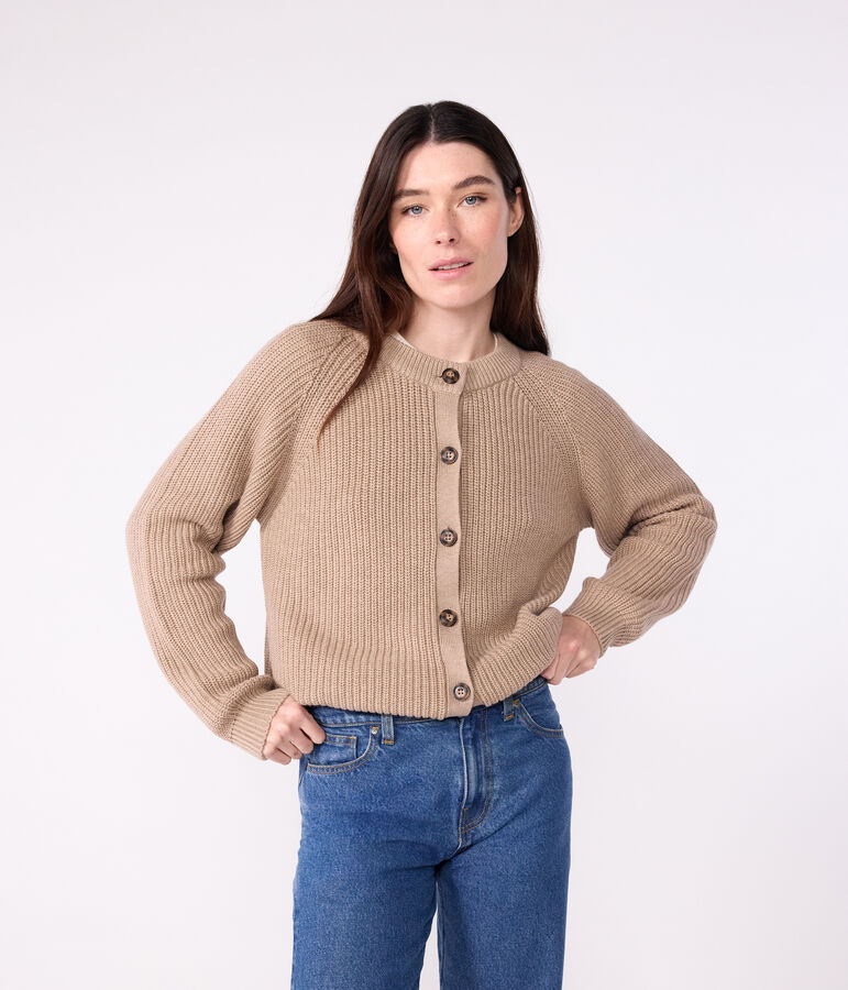 Women's plain wool and cotton cardigan ROCHE brown