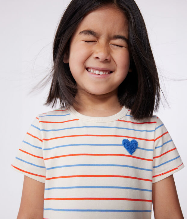 Children's short-sleeved stripy cotton dress with a heart badge Ecru/multicolor