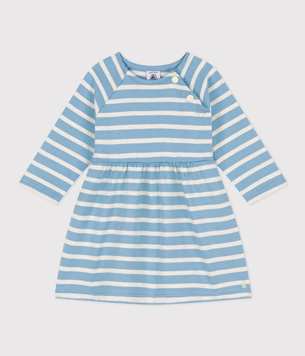 Babies' Long-Sleeved Stripy Thick Jersey Dress blue/beige
