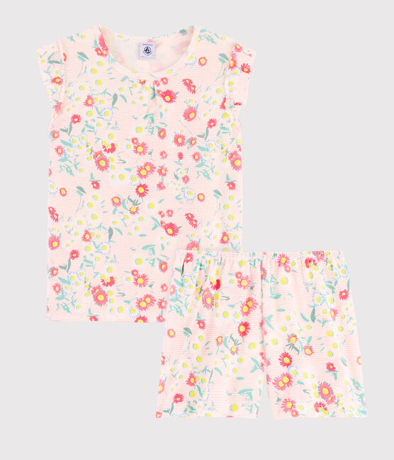 Girls' Ribbed Short Floral Pyjamas MARSHMALLOW white/MULTICO white