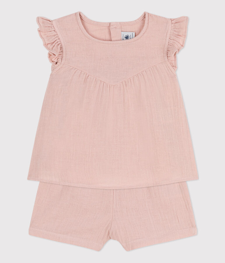 Babies' Plain Cotton Gauze Outfit Set pink