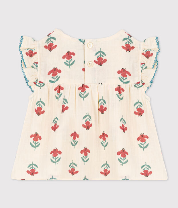 Babies' Short-Sleeved Patterned Cotton Gauze Blouse Ecru/multicolor