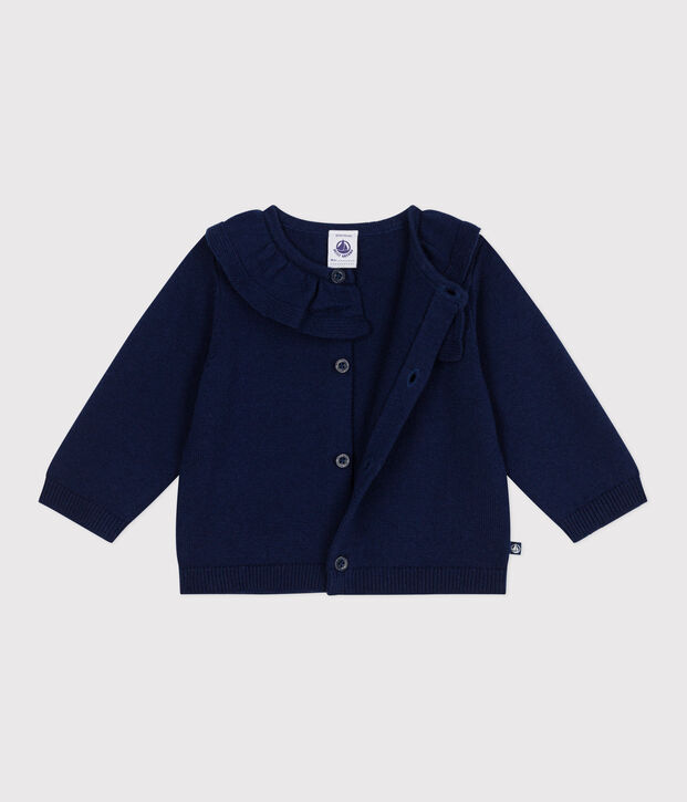 Babies' plain wool and cotton knit cardigan with a collar blue
