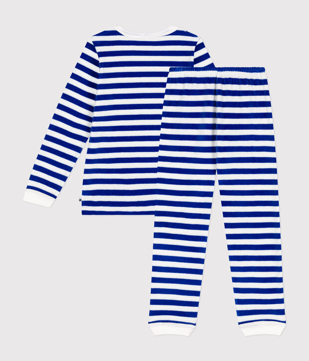 Children's stripy velour pyjamas blue/white