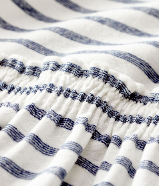 Baby Girls' Stripy Cotton and Linen Blend Short-Sleeved Dress MARSHMALLOW white/MEDIEVAL blue