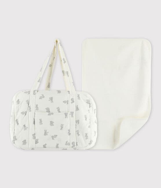 Babies' Organic Cotton Tube Knit Rabbit Bag and Changing Mat Set MARSHMALLOW white/GRIS grey