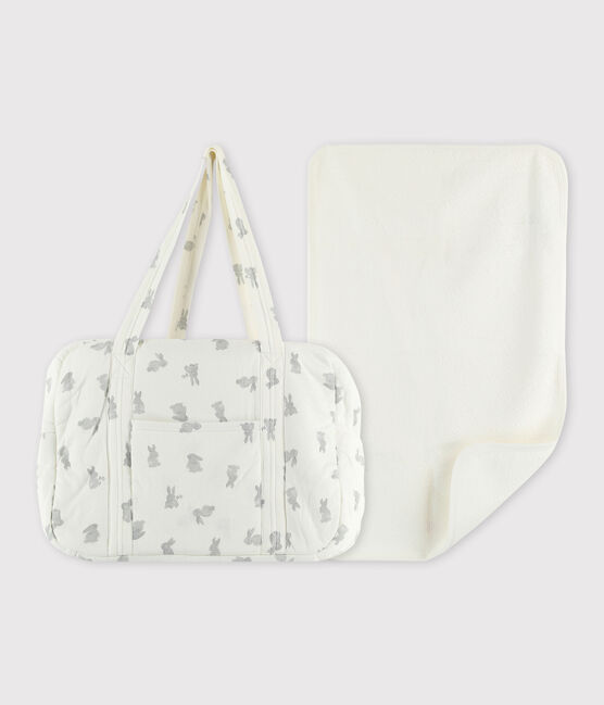 Babies' Organic Cotton Tube Knit Rabbit Bag and Changing Mat Set MARSHMALLOW white/GRIS grey