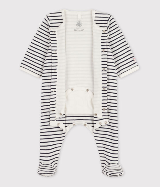 Babies' Stripy Cotton Bodyjama MARSHMALLOW white/SMOKING blue