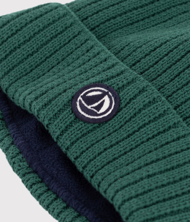 Children's knitted beanie hat lined in polar fleece green