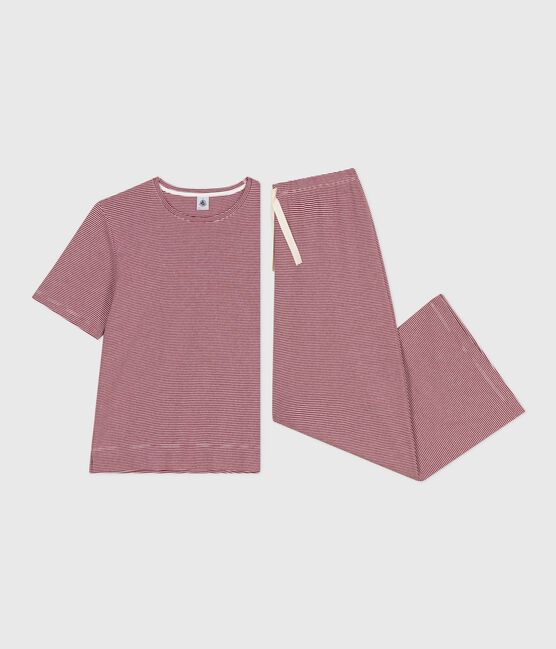 Women's cotton pyjamas with short sleeves and wide stripy legs AMARANTE red/MARSHMALLOW