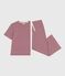 Women's cotton pyjamas with short sleeves and wide stripy legs AMARANTE red/MARSHMALLOW