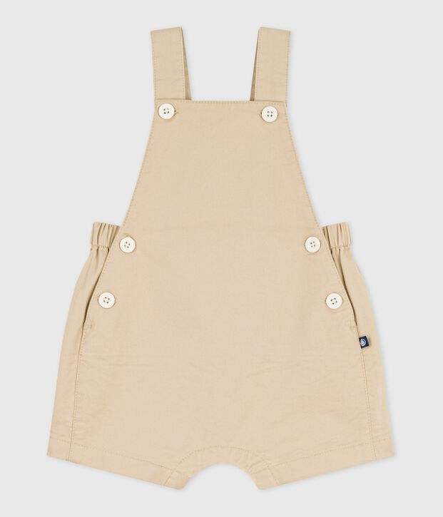Babies' short-legged plain cotton twill dungarees beige
