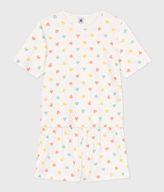Women's short heart print cotton pyjamas MARSHMALLOW white/MULTICO white