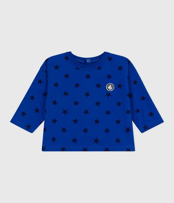 Babies' long-sleeved star-print cotton T-shirt OLYMPIC blue/SOIR