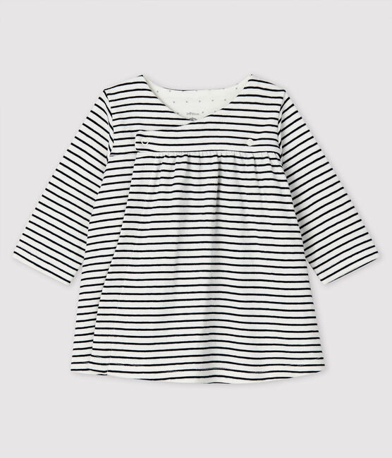 Baby Girls' Long-Sleeved Tube-Knit Striped Dress MARSHMALLOW white/SMOKING blue