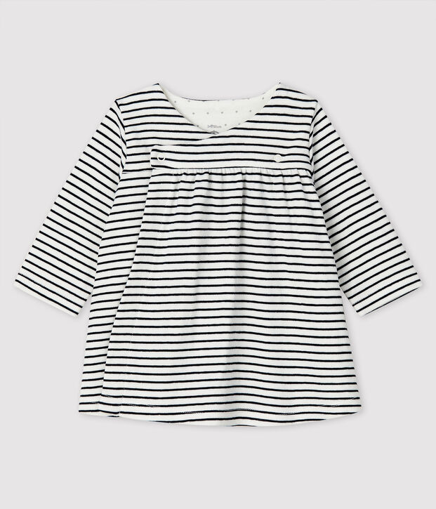Baby Girls' Long-Sleeved Tube-Knit Striped Dress white/blue