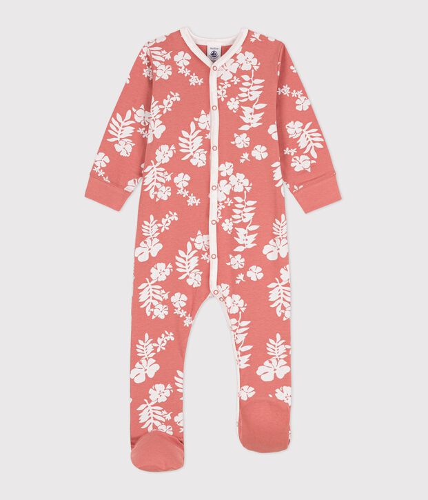 Babies' Hawaiian Themed Cotton Sleepsuit with Detachable Feet pink/white