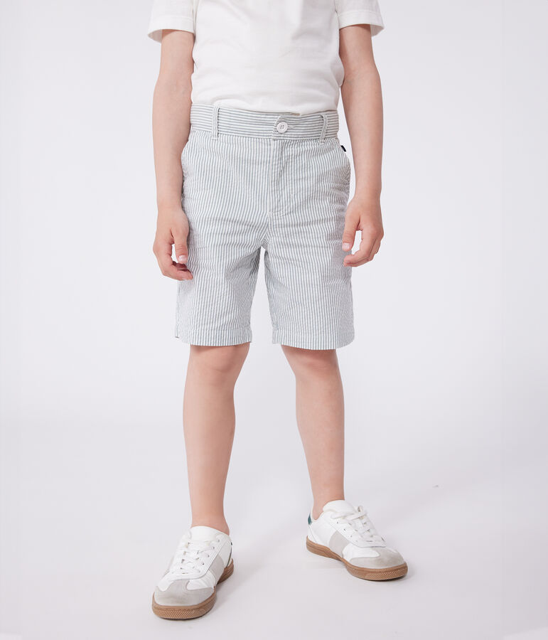 Children's stripy cotton Bermuda shorts MARSHMALLOW white/BRUT blue
