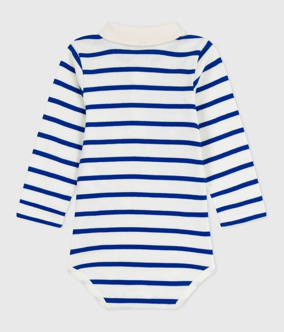 Babies' stripy cotton body with a polo shirt collar MILK blue/OLYMPIC