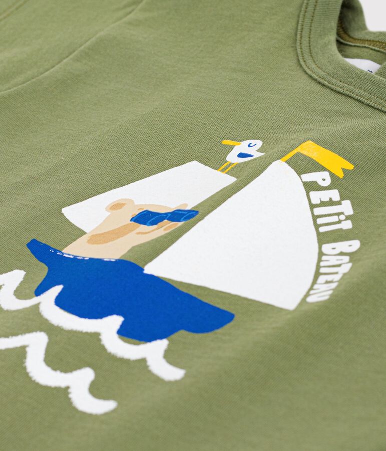 Babies' short-sleeved cotton T-shirt with a seagull motif OLIVINE green