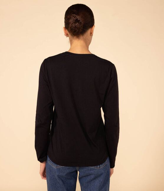 Women's The Straight long-sleeved V-necked fine jersey T-shirt NOIR black