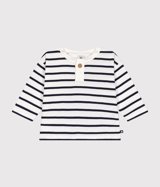 Babies' long-sleeved cotton T-Shirt MARSHMALLOW white/SMOKING blue