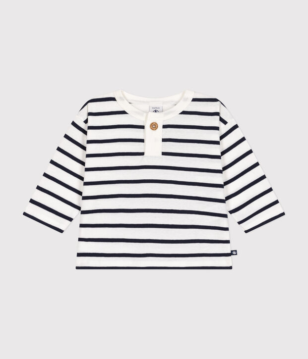 Babies' long-sleeved cotton T-Shirt white/blue