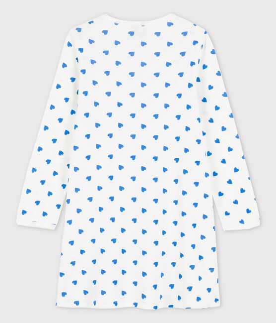 Girls' Blue Heart Patterned Long-Sleeved Cotton Nightdress MARSHMALLOW white/BRASIER blue