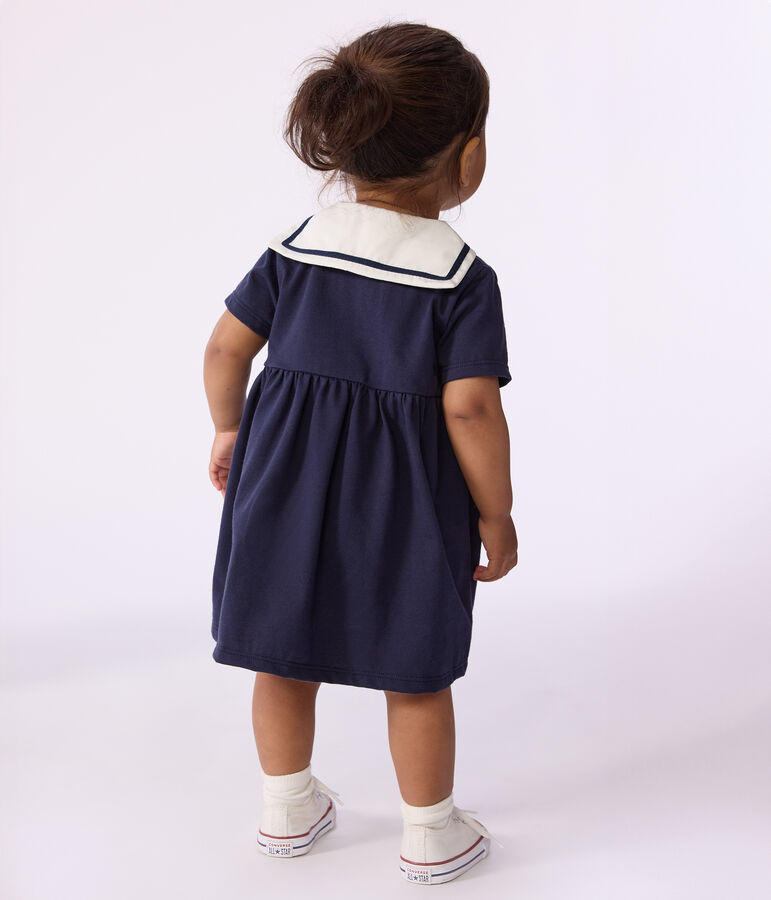 Babies' short-sleeved plain cotton dress with a sailor collar blue
