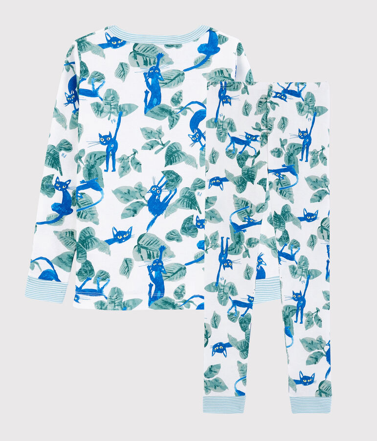 Boys' Snugfit Cat Print Cotton Pyjamas MARSHMALLOW white/MULTICO white