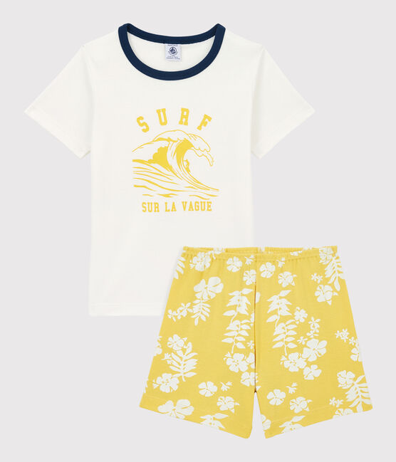 Boys' Wave Print Cotton Short Pyjamas MARSHMALLOW white/ORGE