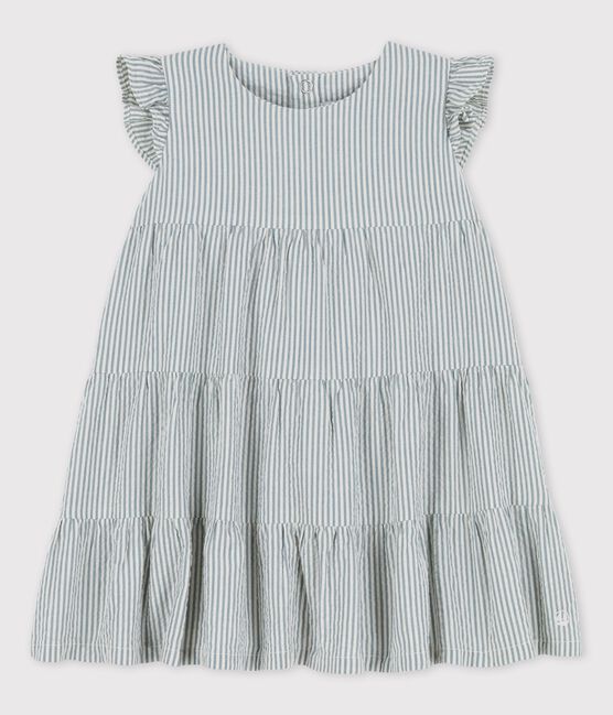 Babies' Striped Organic Seersucker Dress BRUT blue/MARSHMALLOW white