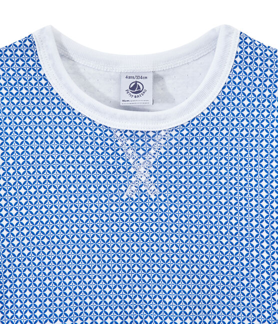 Boy's short-sleeved double knit pyjamas ECUME white/PERSE blue