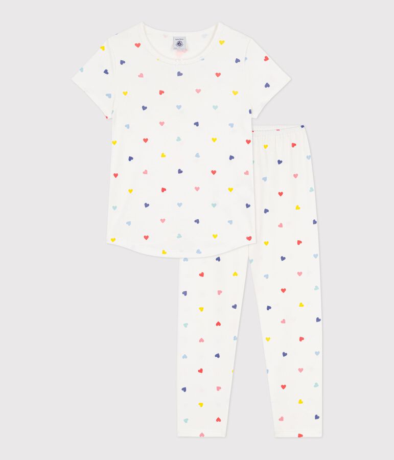 Children's short-sleeved long-leg heart patterned cotton pyjamas MARSHMALLOW white/MULTICO white