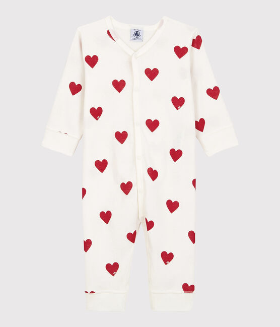 Babies' heart patterned footless cotton sleepsuit MARSHMALLOW white/TERKUIT red