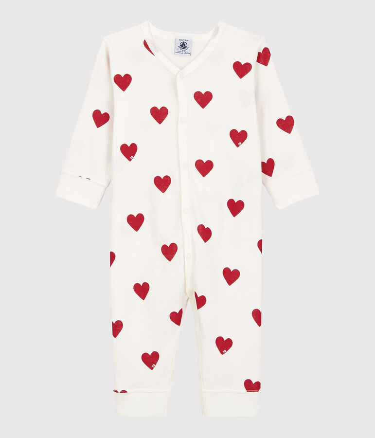Babies' heart patterned footless cotton sleepsuit MARSHMALLOW white/TERKUIT red