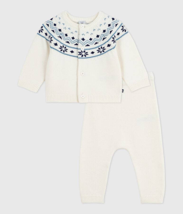 Babies' 2-piece knitted outfit with a jacquard knit cardigan white/blue