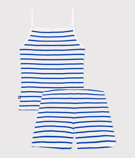Women's short, stripy, strappy pyjamas MARSHMALLOW white/PERSE blue