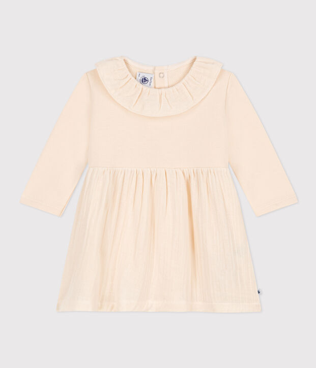 Babies' Long-Sleeved Dual Material Dress Ecru
