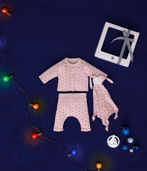 Babies' cotton cardigan, trousers and comforter boxed set pink/pink