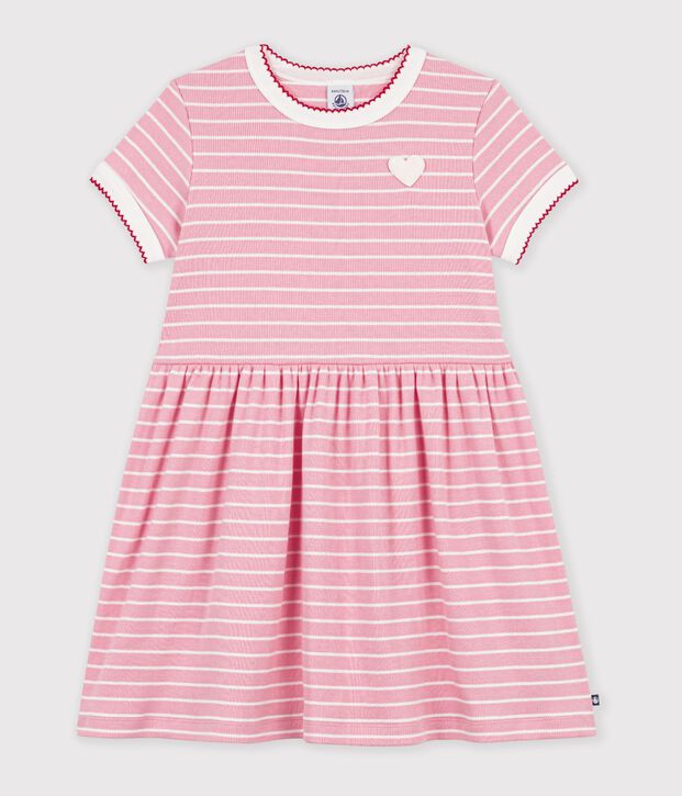 Children's short-sleeved stripy cotton dress pink/white