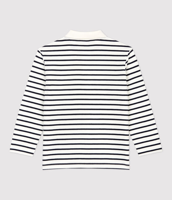 Boys' Striped Long-Sleeved Cotton Polo Shirt MARSHMALLOW white/SMOKING blue