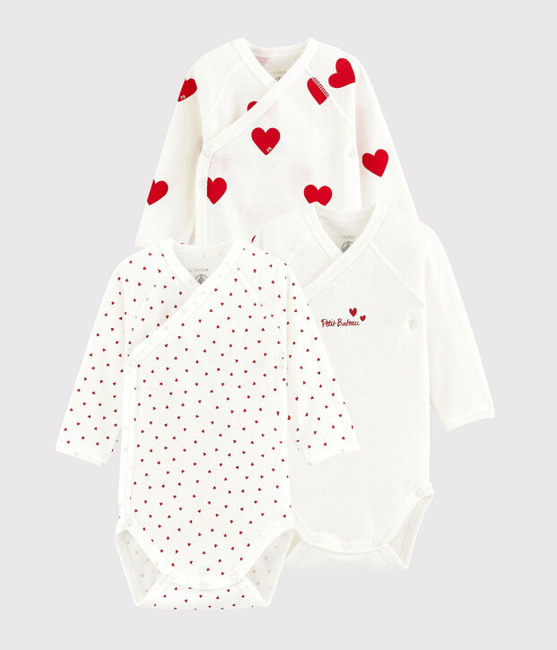 Babies' Long-sleeved Wrapover Red Heart Organic Cotton Bodysuits - 3-Pack multicolor