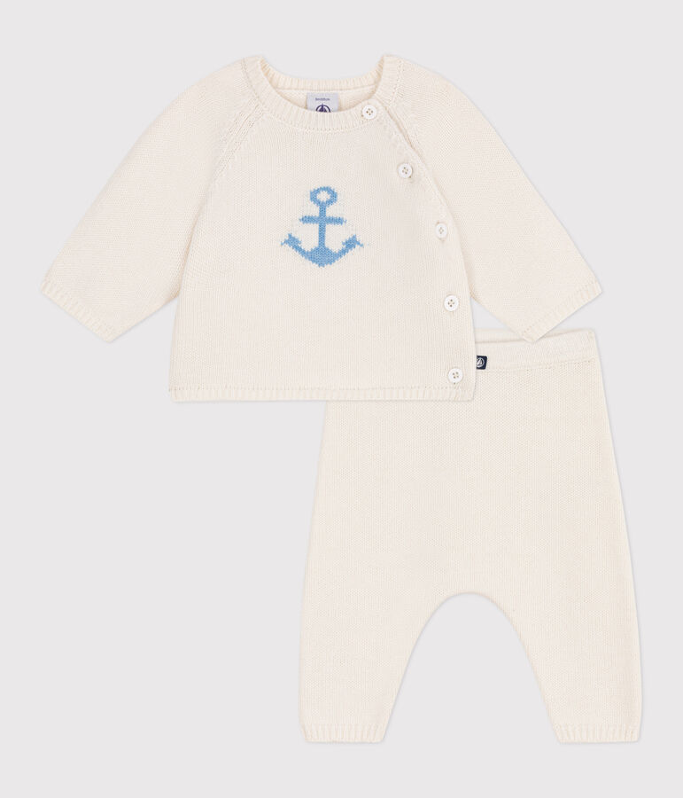 Babies' two-piece wool and cotton jacquard knit set white