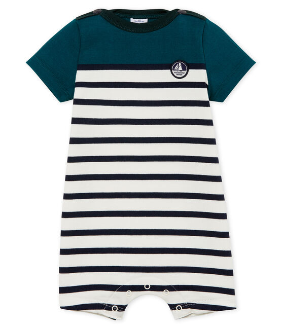 Baby boys' Shortie in heavy striped jersey PINEDE green/MARSHMALLOW white/SMOKING