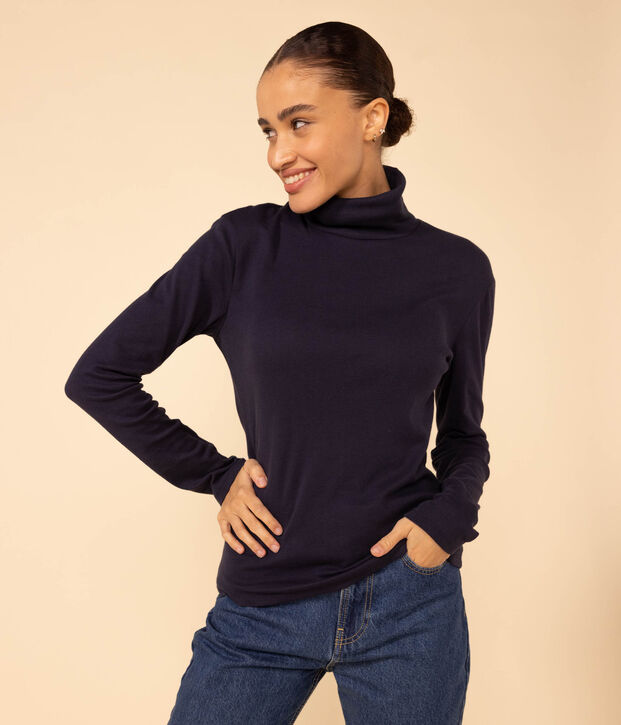 Women's Straight Roll-Neck Cotton T-Shirt blue